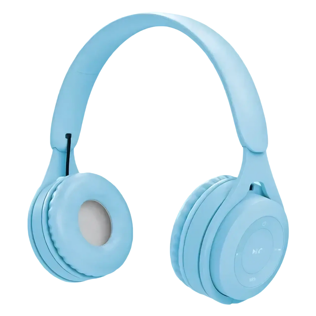 Light blue wireless over ear bluetooth headphones with soft padded earcups and 3.5mm audio port for versatile use
