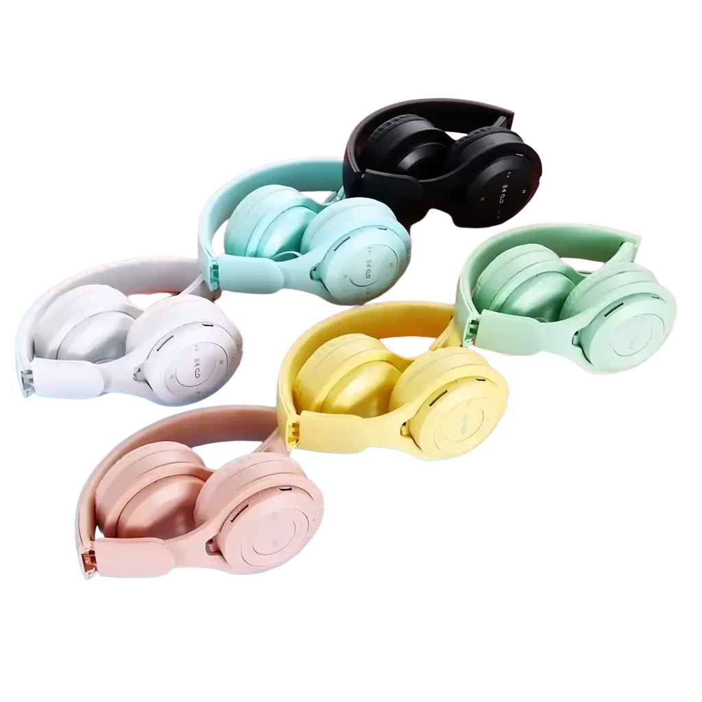 Wireless over ear bluetooth headphones in pastel white, mint green, yellow, rose gold, and black with 3.5mm audio port and charging time features