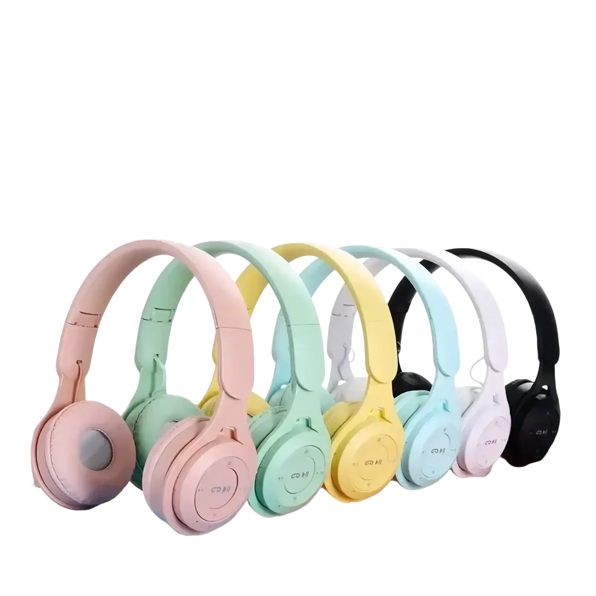 Pastel-colored wireless over ear bluetooth headphones in pink mint green yellow light blue white and black with 3.5mm audio port and efficient charging time
