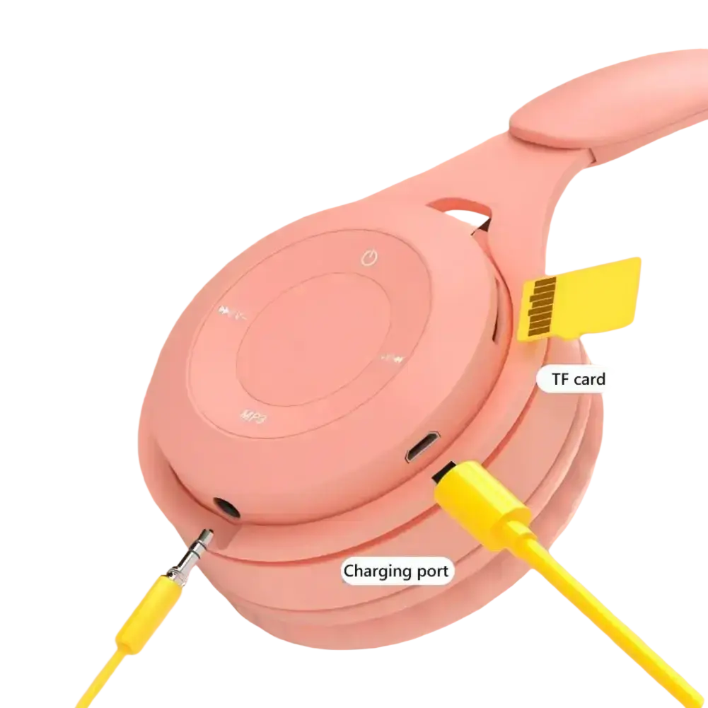 Wireless over ear pink headphones with tf card slot, yellow cables, 3.5mm audio port, and charging time features