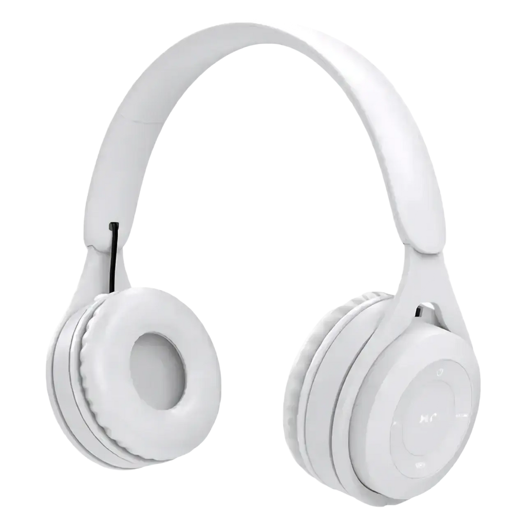 White wireless over ear bluetooth headphones with sleek soft-touch finish and 3.5mm audio port for enhanced charging time