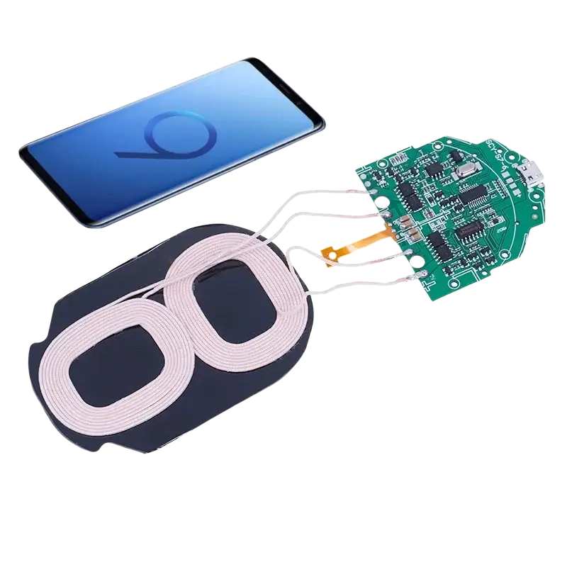 Picture shows black wireless pcba with 15w fast charging circuit board featuring white coiled wires and green pcb