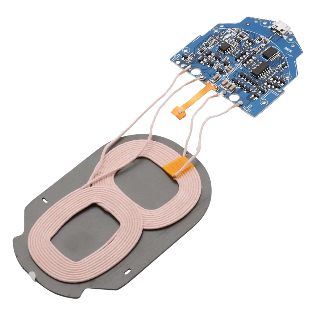 Picture shows wireless pcba 15w fast charging circuit board with blue coil board pink wire and orange connectors