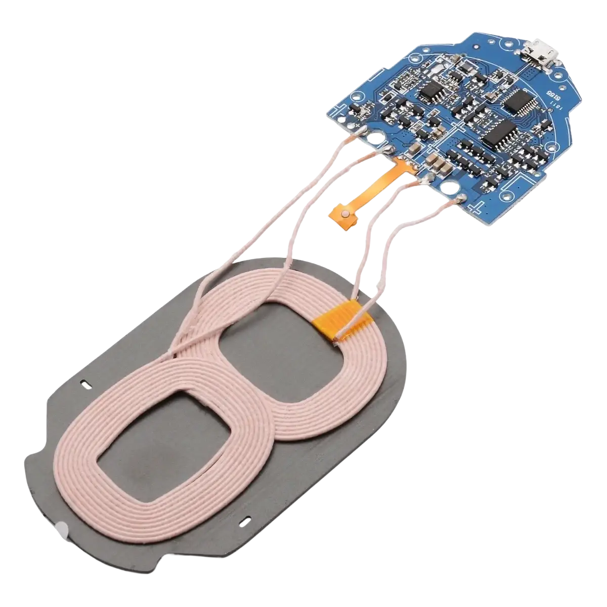 Picture shows wireless pcba 15w fast charging circuit board with blue coil board pink wire and orange connectors