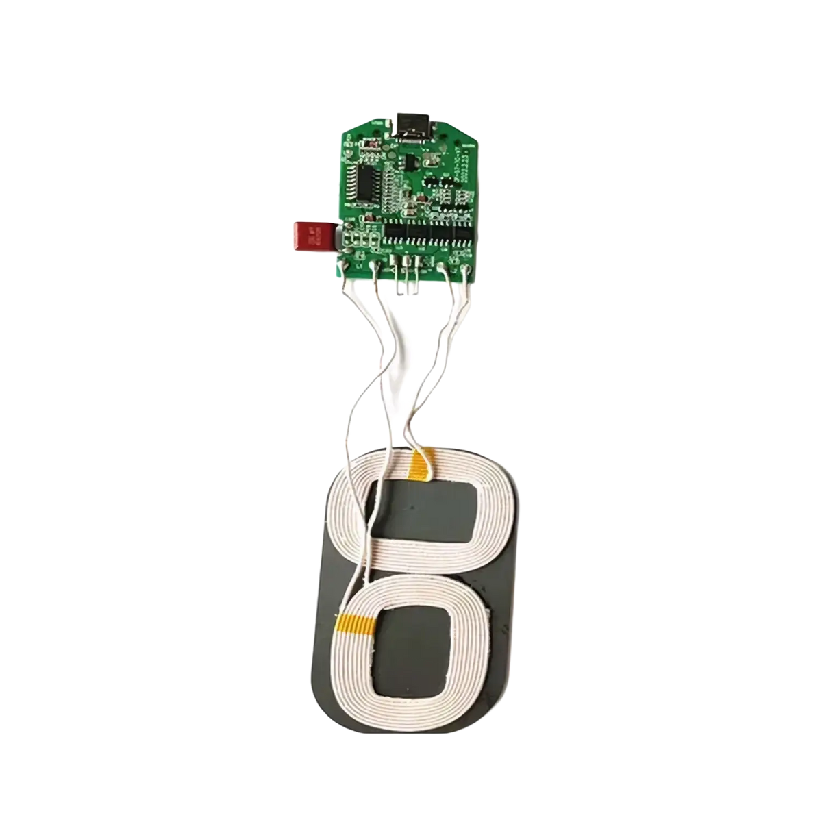 Picture shows a green wireless pcba 15w fast charging circuit board with white coiled wire and type-c label