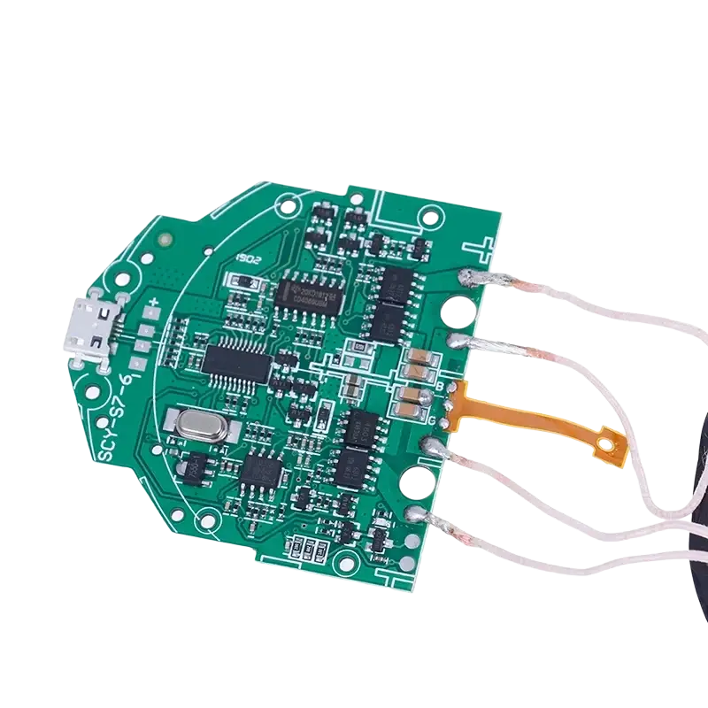 Picture shows green wireless pcba 15w fast charging circuit board with black integrated circuits and usb port on left side