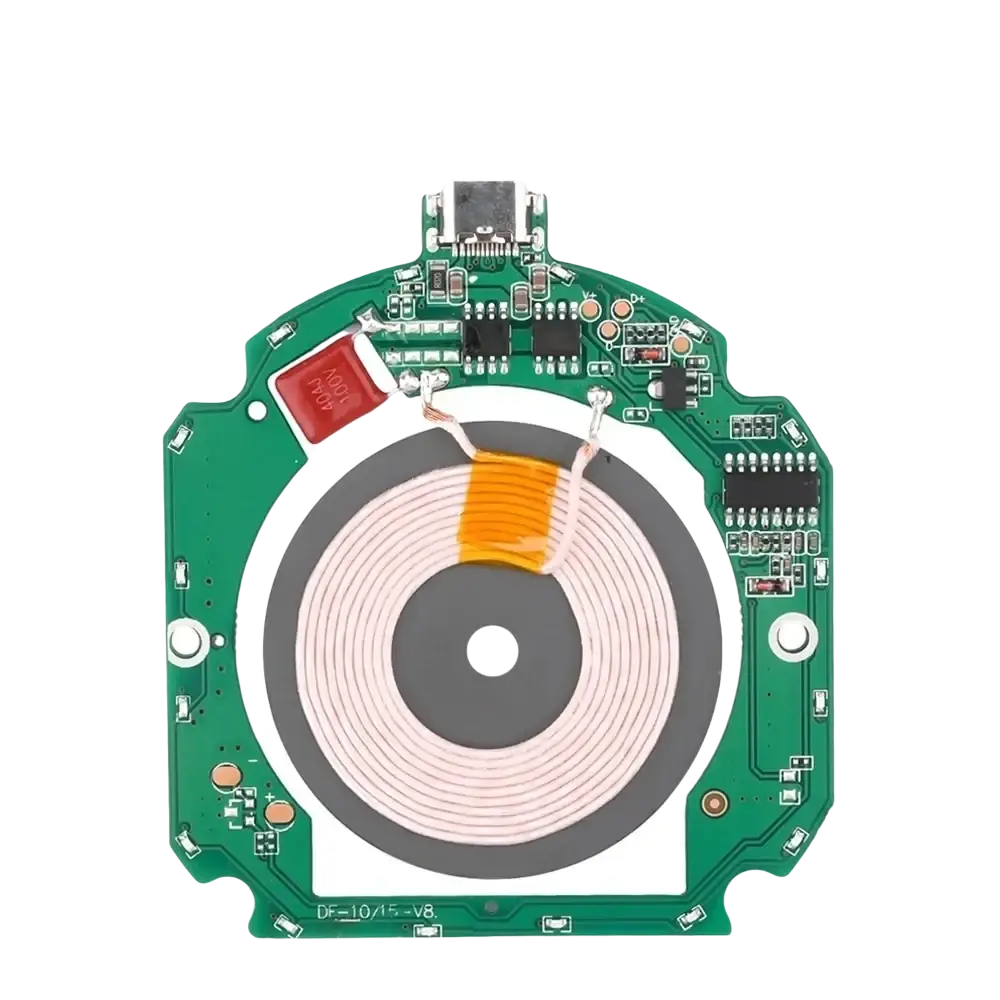 Picture shows green 15w wireless pcba fast charging circuit board with circular coil and 1-2a electronic components