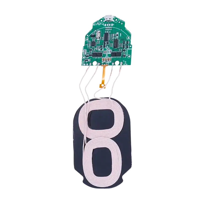 Picture shows wireless pcba 15w fast charging circuit board with green circuit and white coiled wire on black base