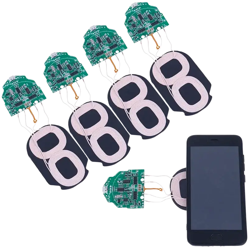 Picture shows a set of five green wireless pcba 15w fast charging circuit boards with coil designs and smartphone pairing