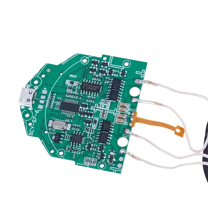 Green wireless pcba fast charging transmitter module with black components white traces and usb port on left side