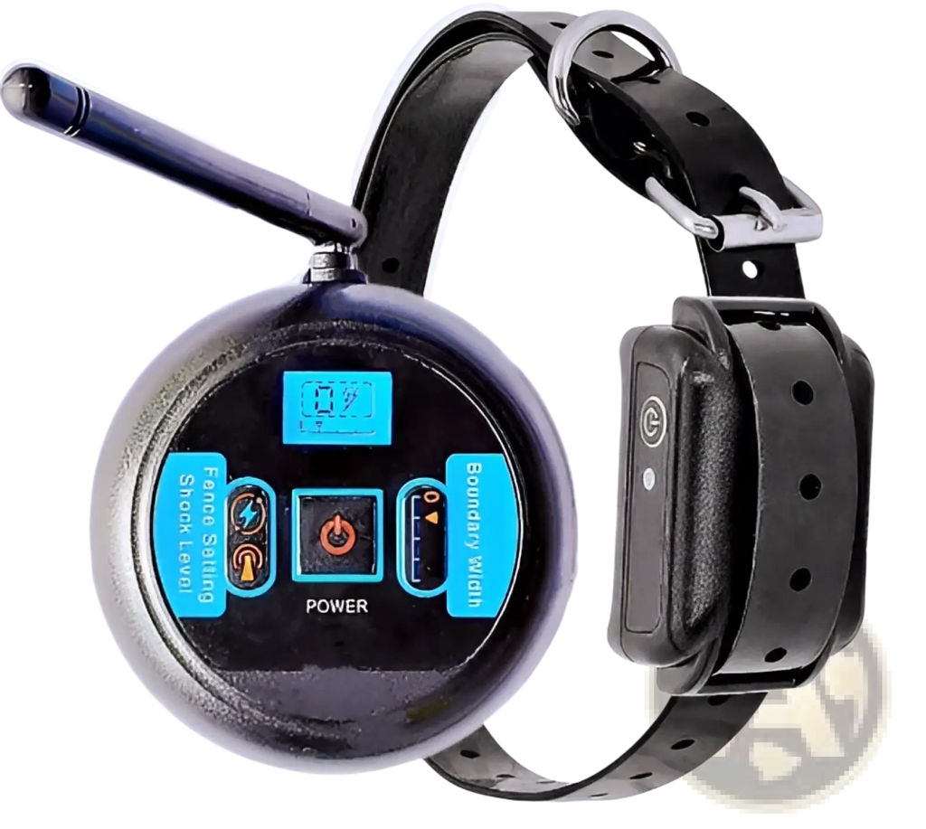 Black circular wireless pet fence electric training collar remote with blue buttons and black leather buckle collar