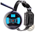 Black circular wireless pet fence electric training collar remote with blue buttons and black leather buckle collar