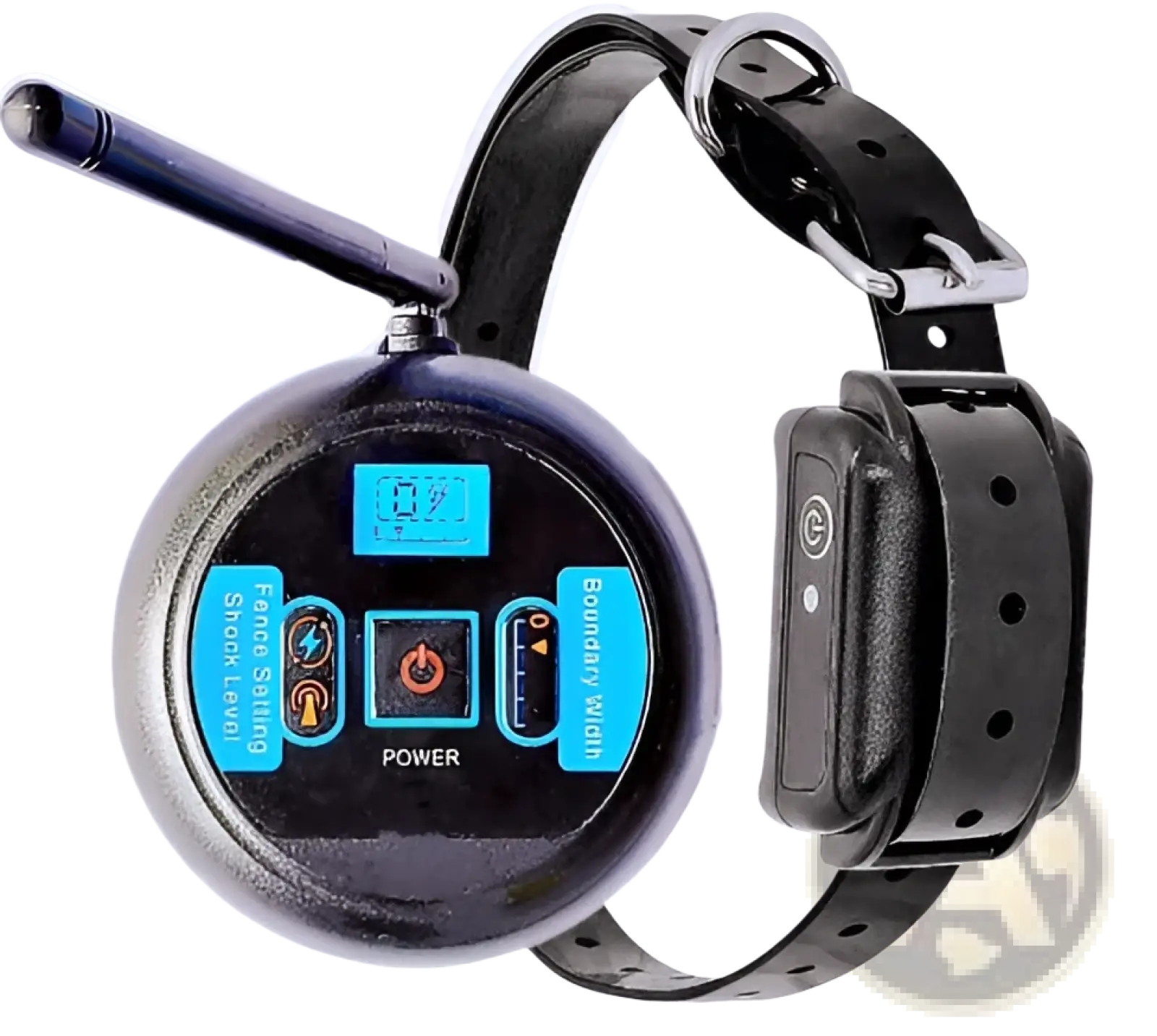 Black circular wireless pet fence electric training collar remote with blue buttons and black leather buckle collar