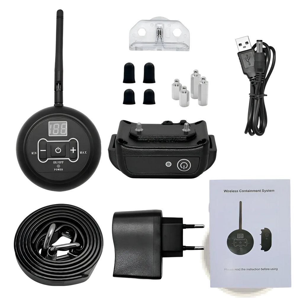 Black wireless pet fence electric waterproof training collar system with digital remote and accessories for dogs