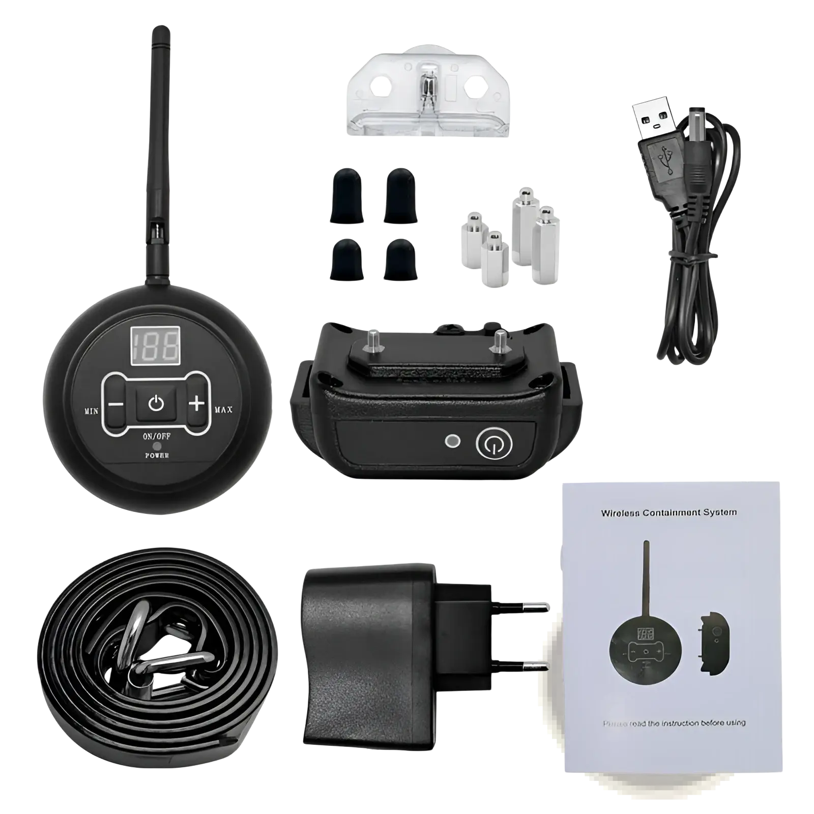 Black wireless pet fence electric waterproof training collar system with digital remote and accessories for dogs