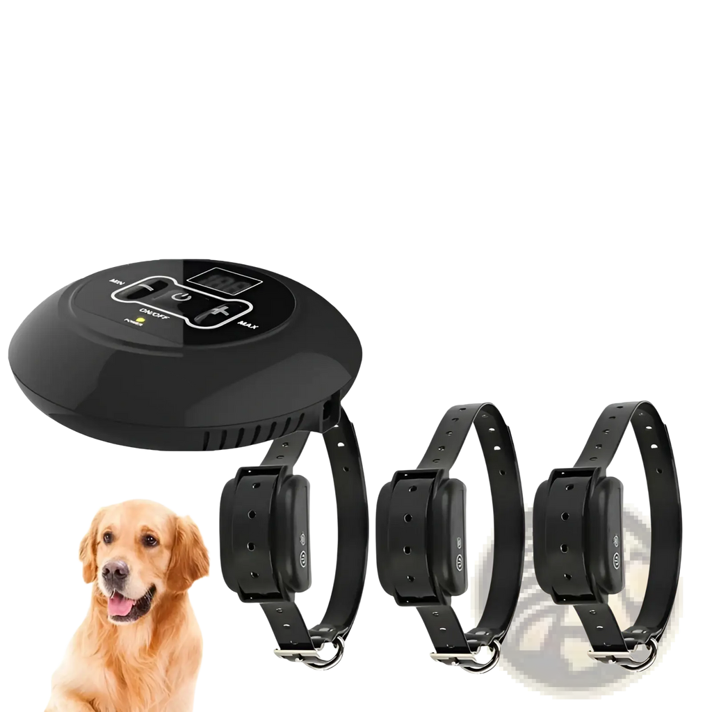 Black wireless pet fence electric waterproof training collar system with circular control unit and three collars