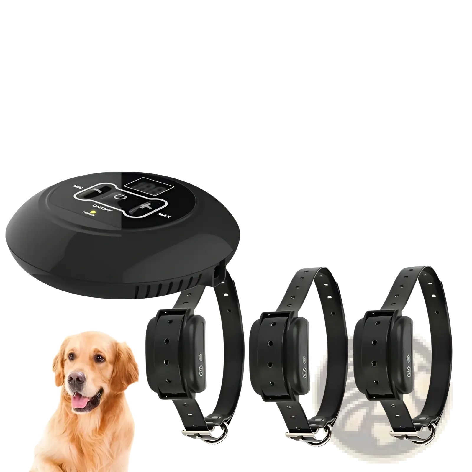 Black wireless pet fence electric waterproof training collar system with circular control unit and three collars