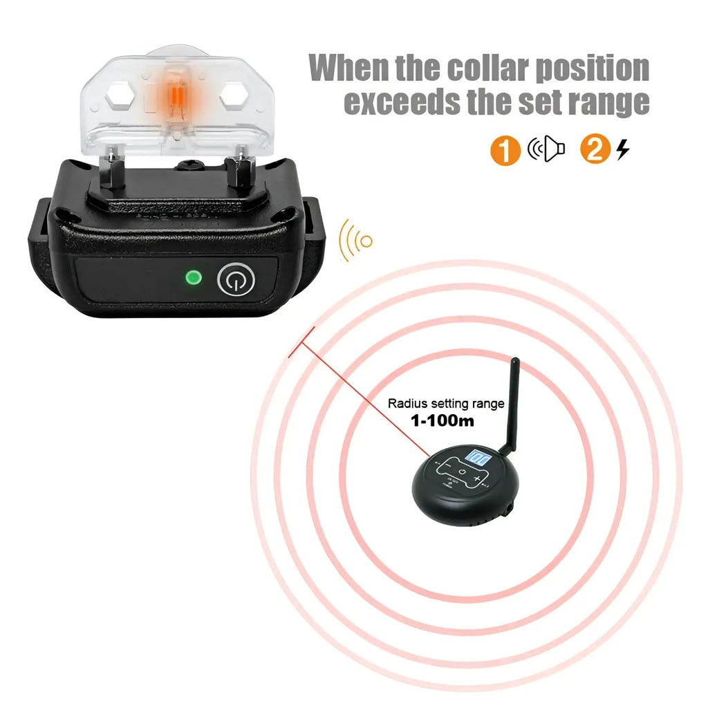 Black wireless pet fence electric waterproof training collar with orange led light and matching black remote control