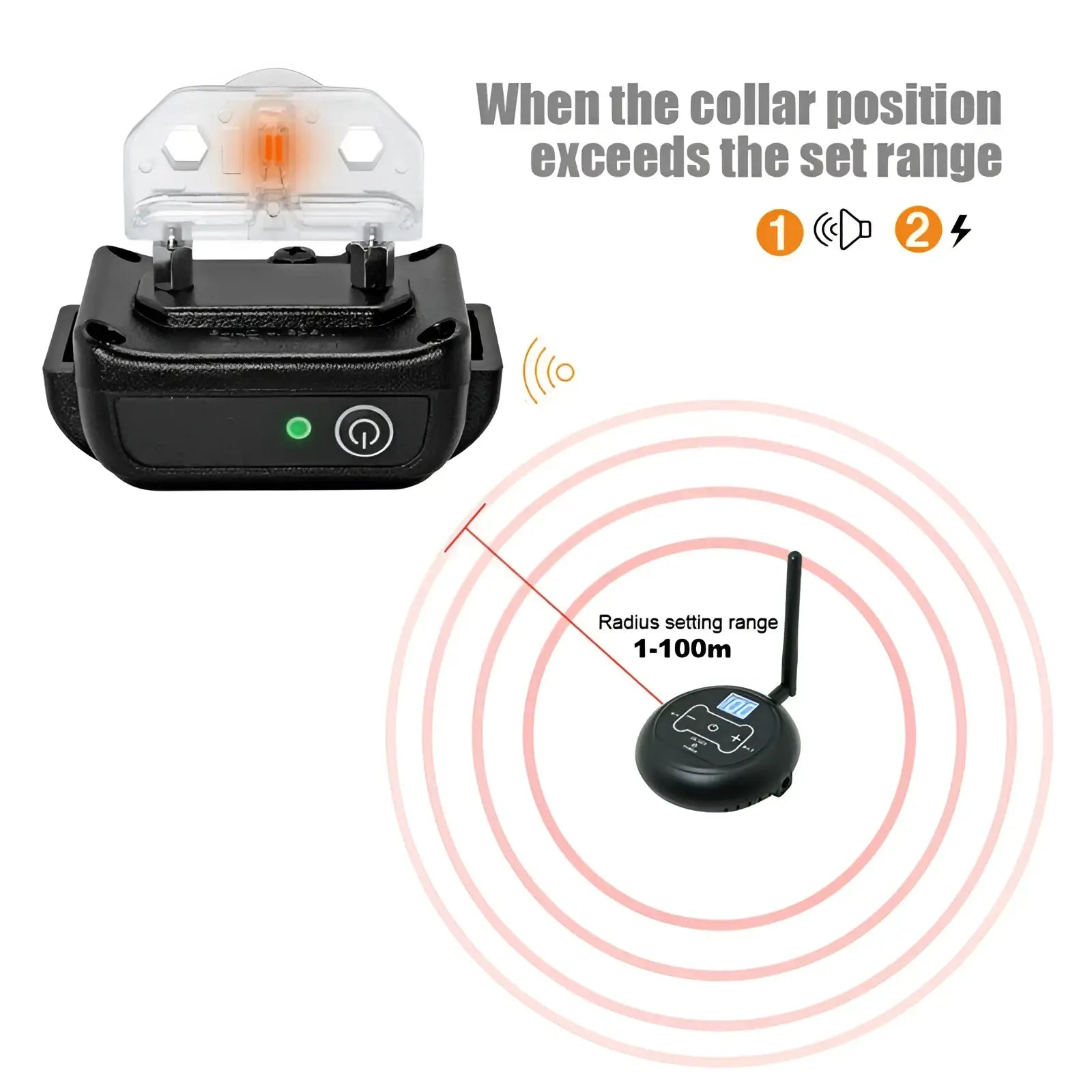 Black wireless pet fence electric waterproof training collar with orange led light and matching black remote control