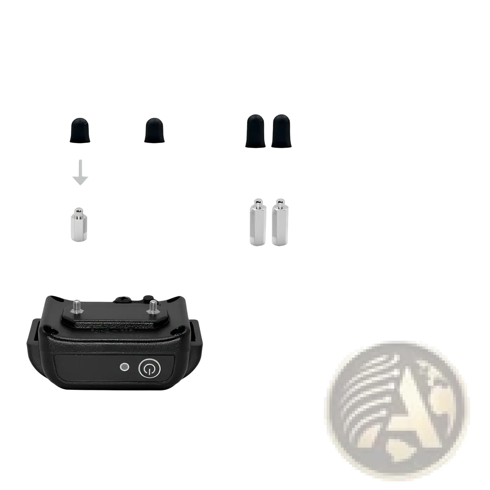 Black plastic wireless pet fence training collar with adjustable buckle and power button for durability and comfort