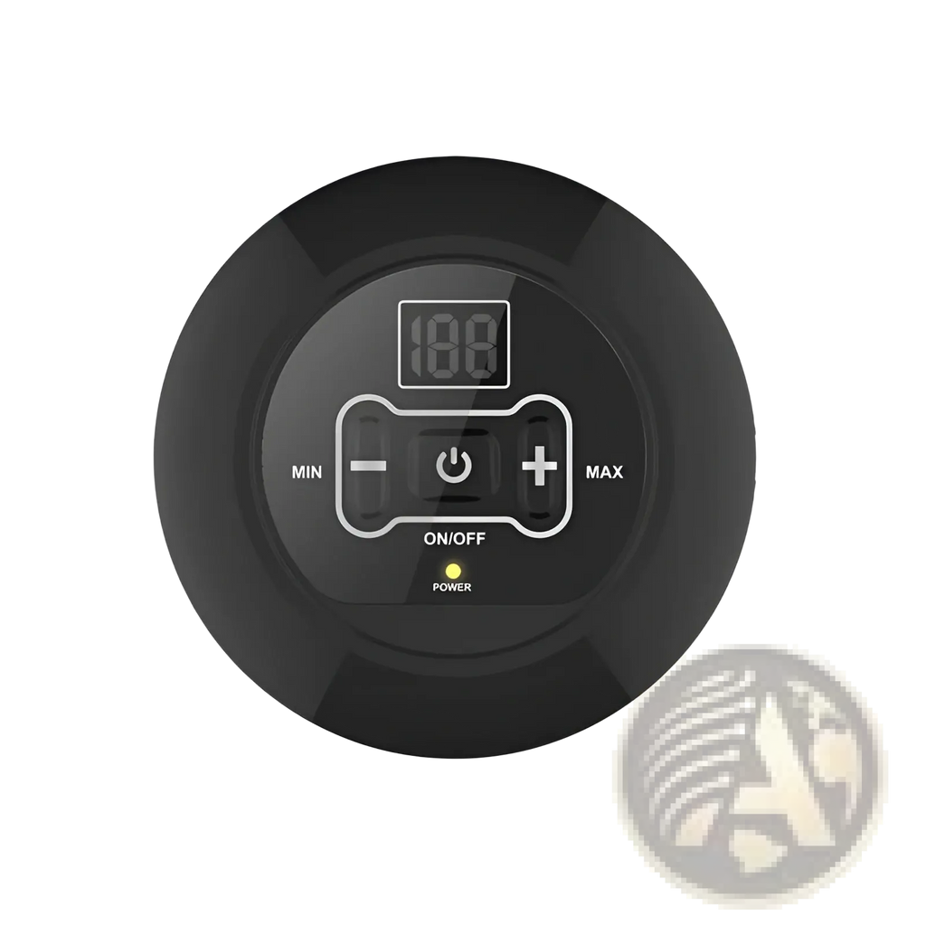 Black circular digital control panel with glowing green power indicator on wireless pet fence electric training collar