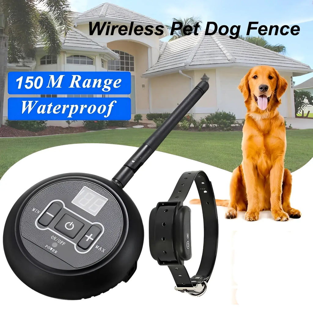 Black wireless pet fence system with 150 m range and waterproof electric training collar for dogs