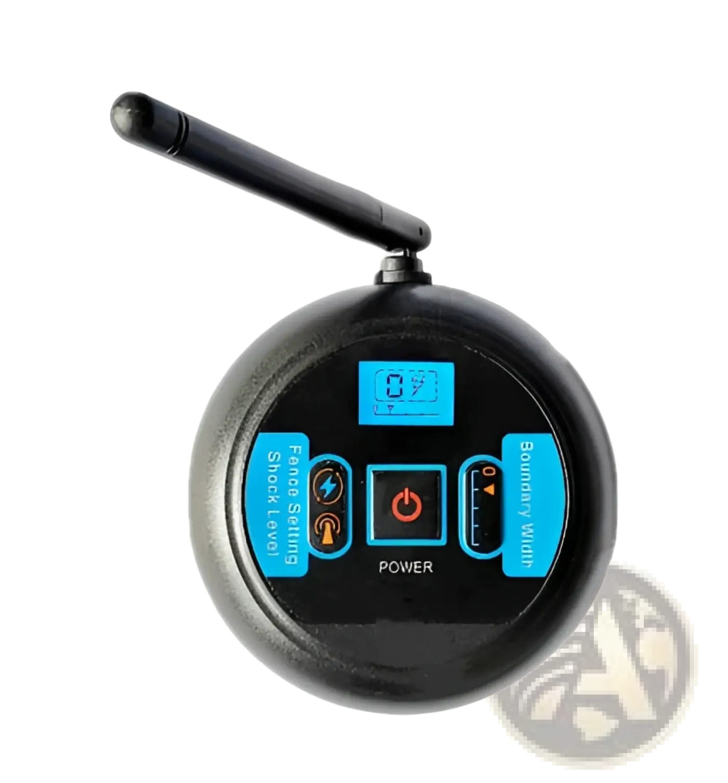 Black wireless pet fence electric waterproof training collar with blue illuminated buttons and labeled shock level controls