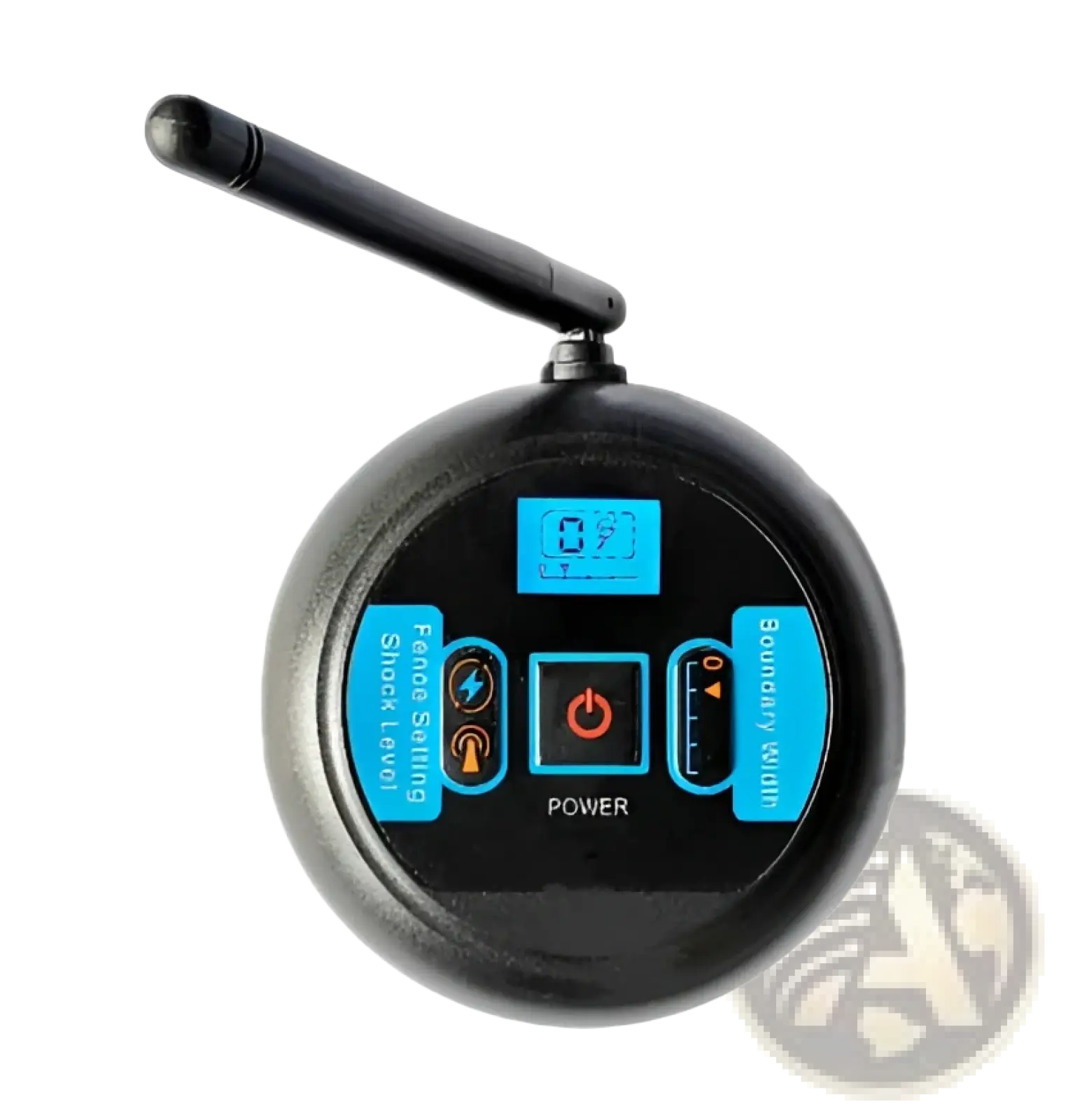 Black wireless pet fence electric waterproof training collar with blue-lit control panel and protruding antenna
