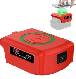 Red portable wireless phone charger with green charging pad usb-a and type-c ports supports fast charging 18v battery protocol
