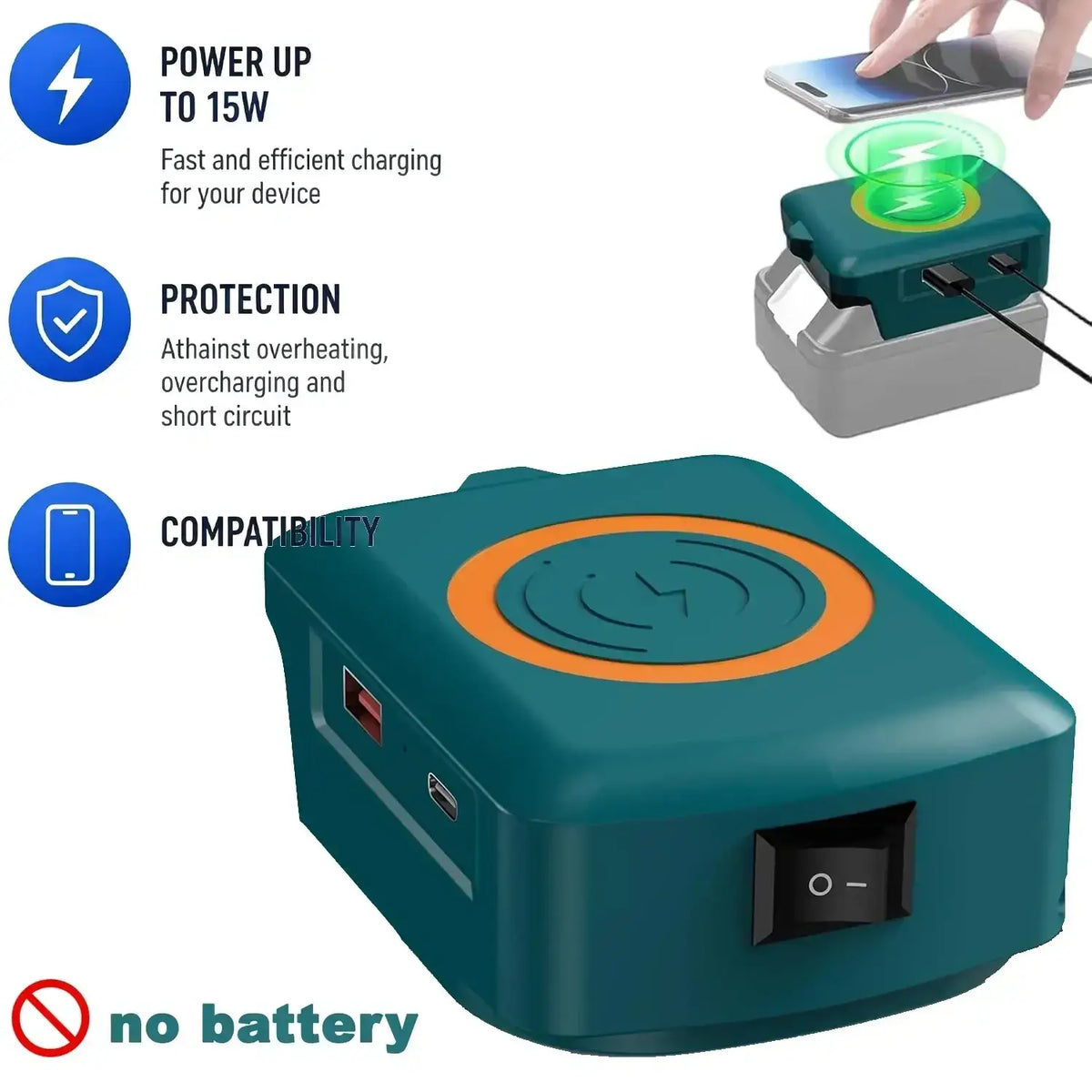 Teal and orange wireless phone charger with sleek rectangular design supports fast charging and 18v battery protocol