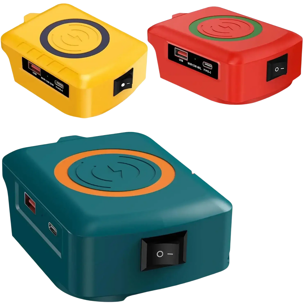 Three compact rectangular wireless phone chargers in yellow red and teal with usb ports for fast charging 18v battery