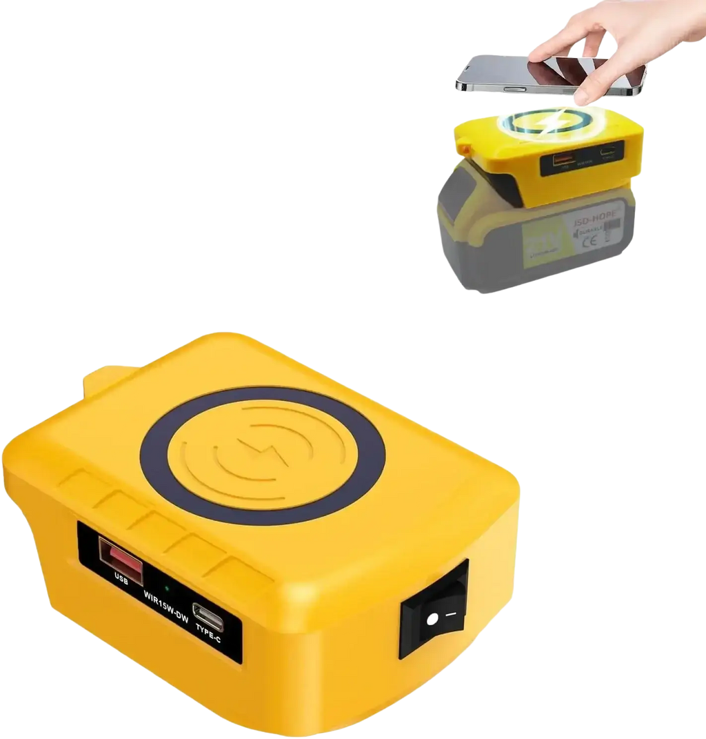 Yellow portable wireless phone charger with black charging pad and usb ports for fast charging 18v battery protocol