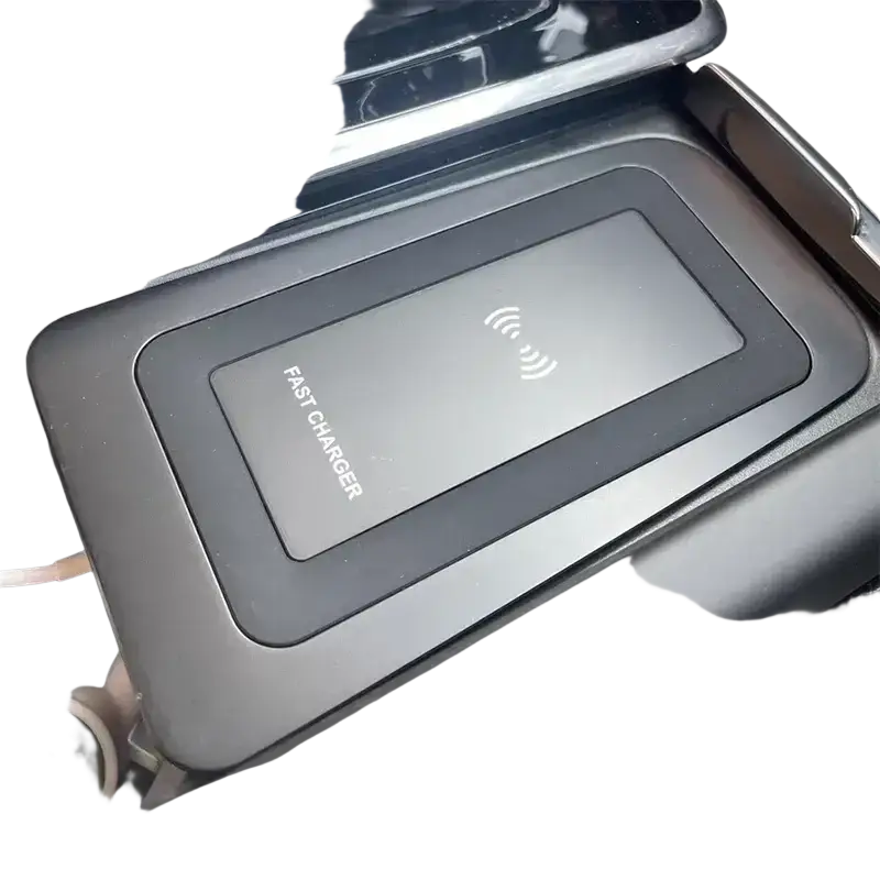 Black wireless phone charger with sleek rectangular design and fast charger text for Volvo XC90 XC60 S90 use