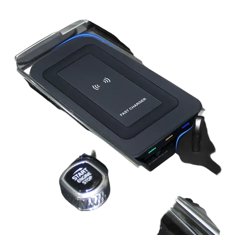 Black wireless phone charger with illuminated blue edge and multiple colored USB ports for Volvo XC90 XC60 S90