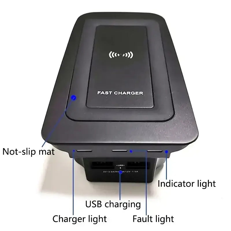 Black rectangular wireless phone charger with integrated usb ports and indicator lights for Volvo xc90 xc60 s90