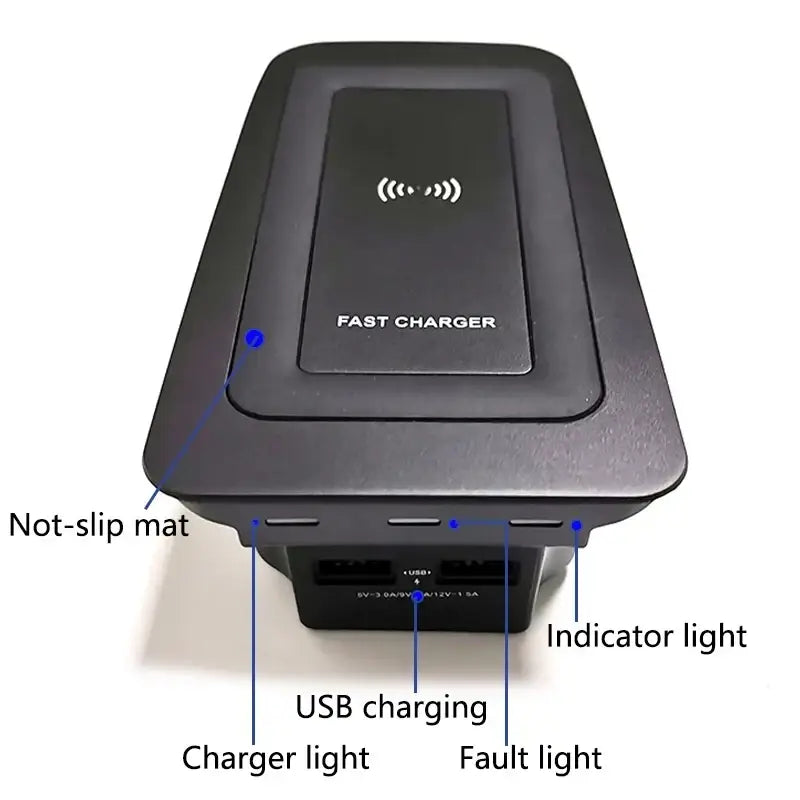 Black rectangular wireless phone charger with usb ports and indicator lights for Volvo XC90 XC60 S90 fast charging