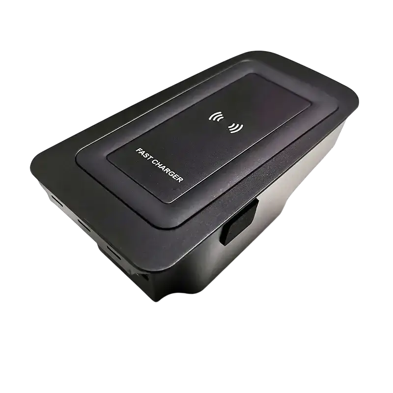 Black rectangular wireless phone charger with matte finish and white fast charger text for Volvo XC90 XC60 S90