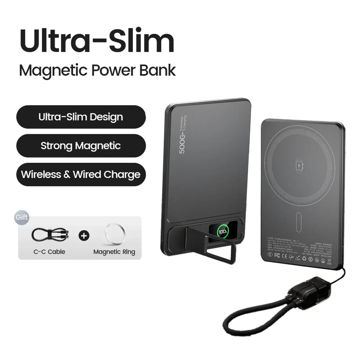 Black ultra-slim wireless power bank with magnetic wireless charging pad 5000mah capacity 5v=3a 9v= compatible