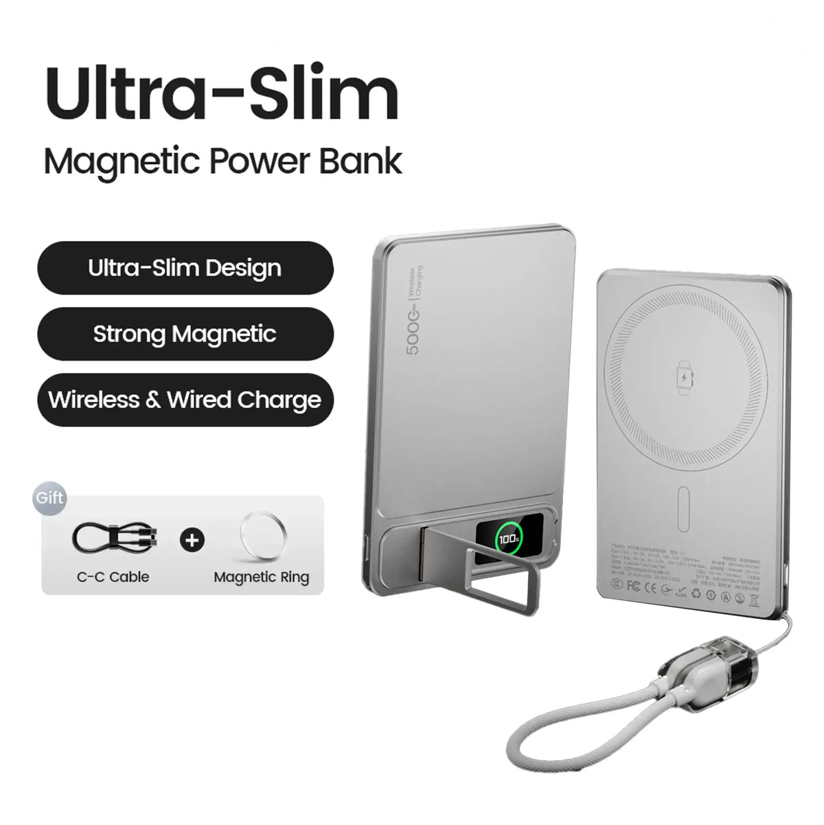 Silver ultra-slim wireless power bank 5000mah with magnetic wireless charging pad and 5v=3a 9v= support