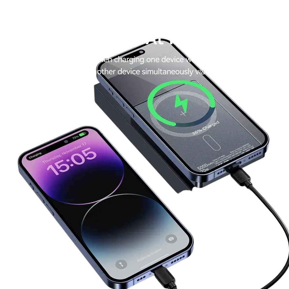 Black wireless power bank with 5000mah battery and usb-c port for wired device charging and magnetic fast charging