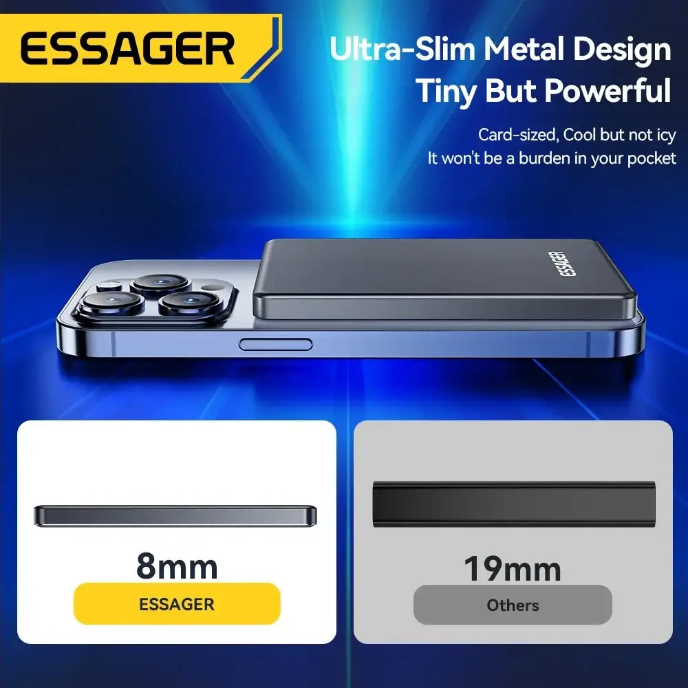 Essager wireless power bank 5000mah with ultra-slim black metal design and compact card-sized form for magnetic fast charging