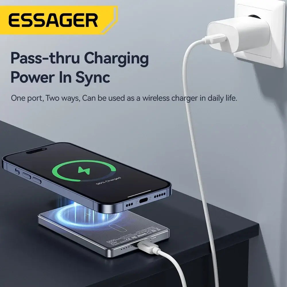 Silver wireless power bank 5000mah with magnetic fast charger pass-through wireless power and usb-c cable