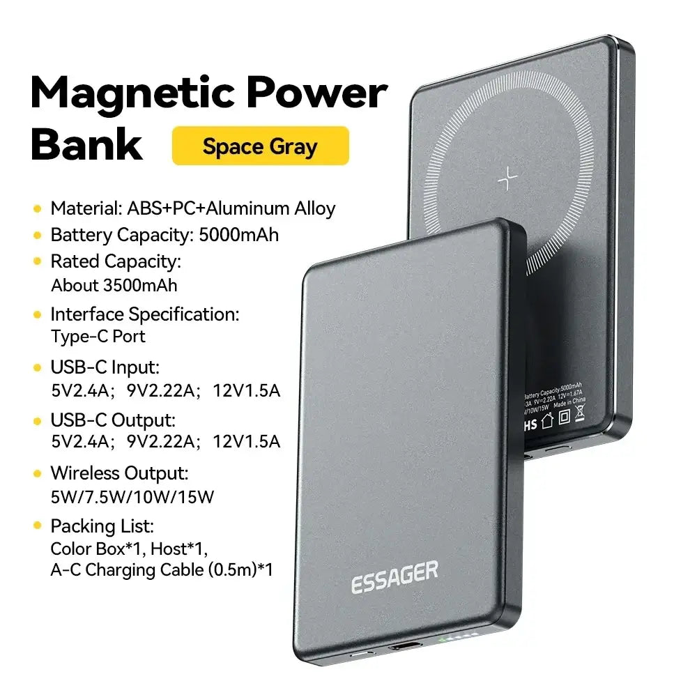 Space gray wireless power bank 5000mah with magnetic fast charger and sleek abs pc aluminum alloy design