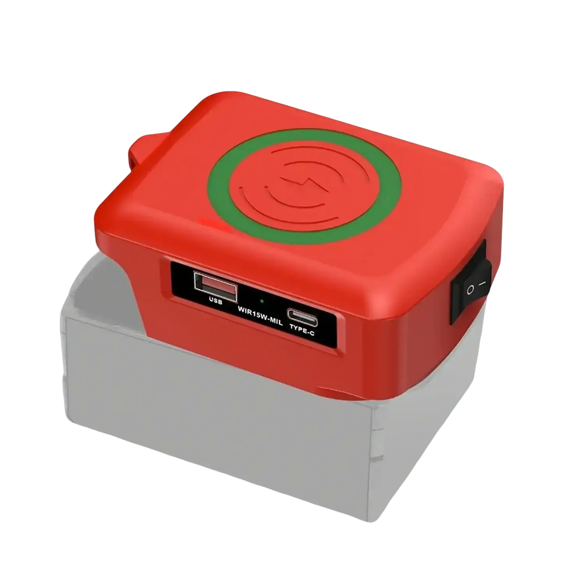 Red rectangular power bank battery charger with fast charging, usb and type-c ports, and green charging symbol on top
