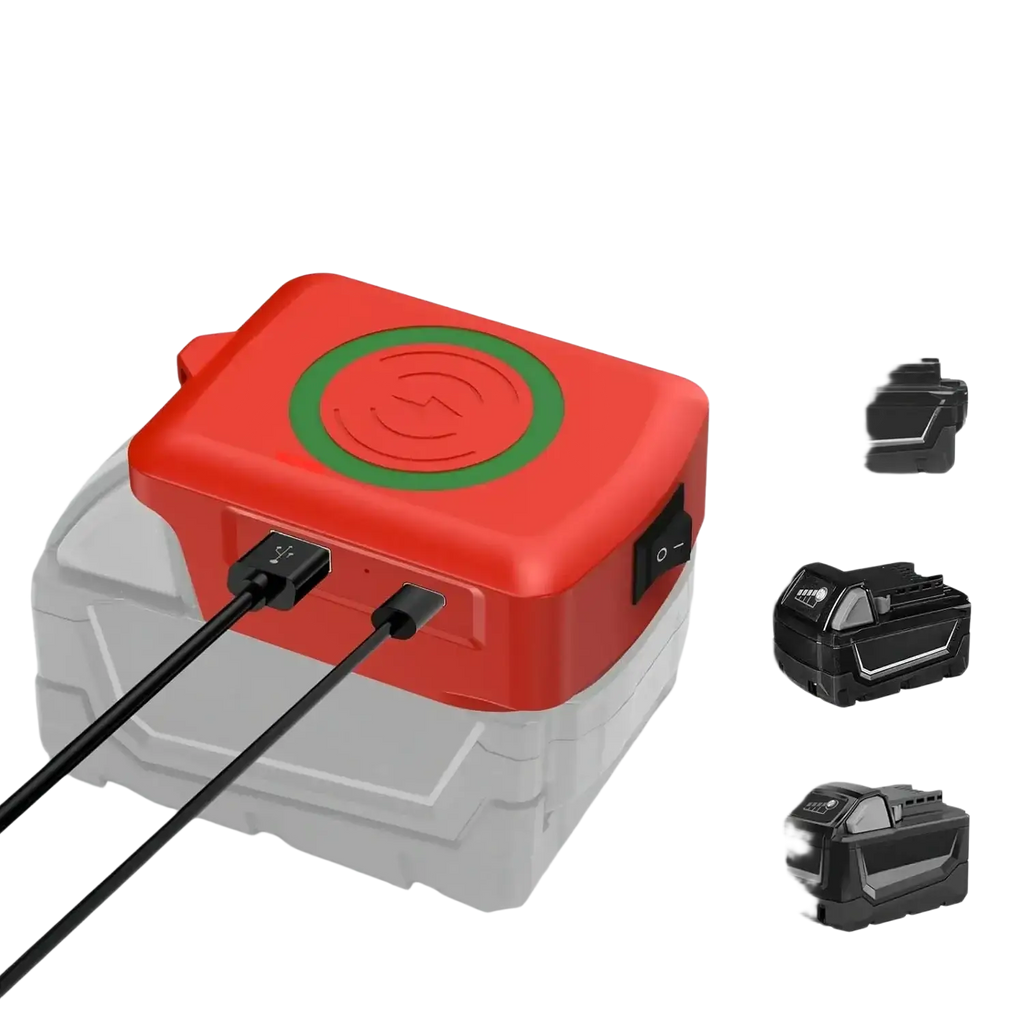 Red and white portable power bank battery charger with green circular charging symbol for fast charging use