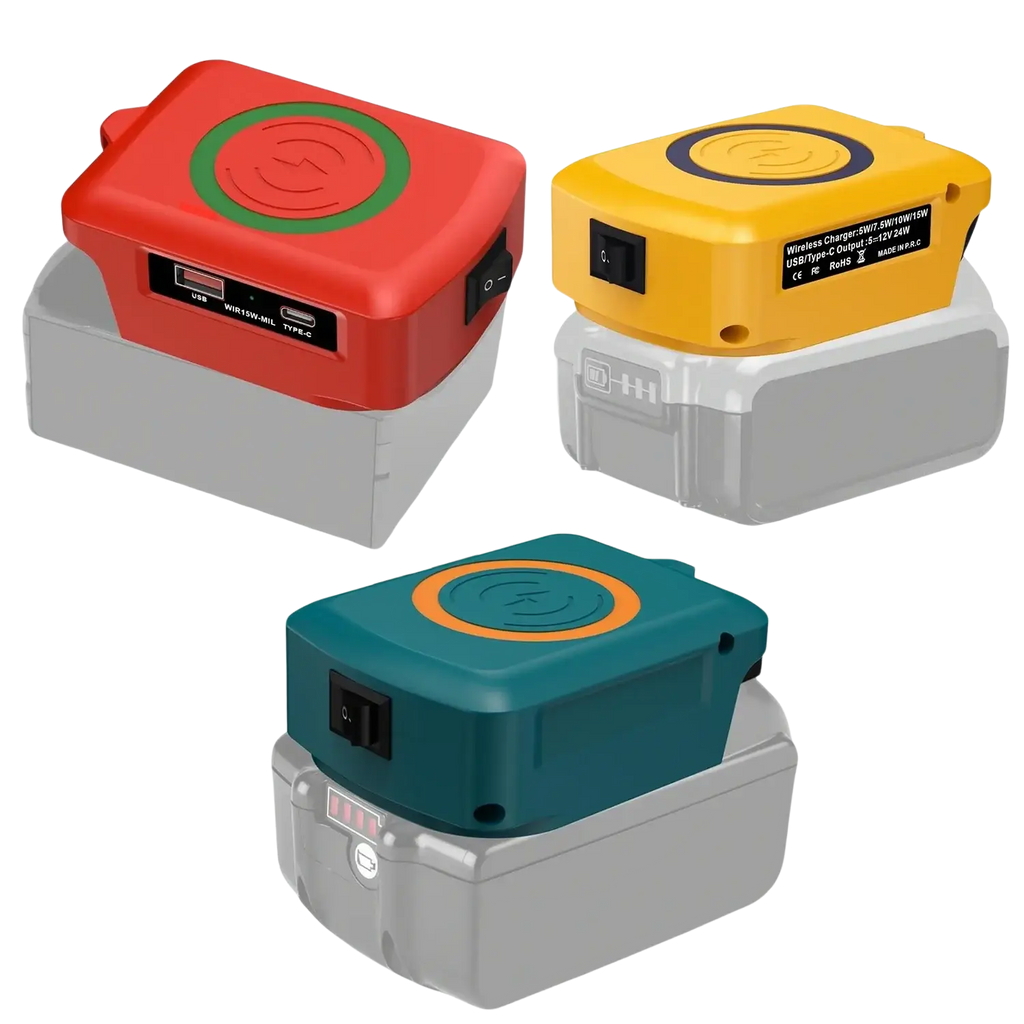 Wireless power bank battery charger with red yellow and teal wireless charging tops supporting fast charging protocol