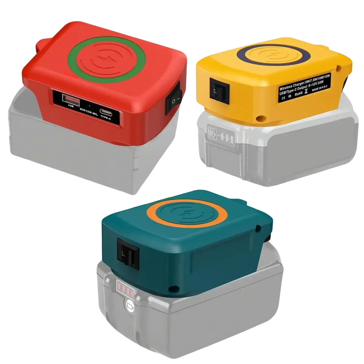 Red yellow and teal wireless fast charging power bank battery packs with gray bases for convenient charging