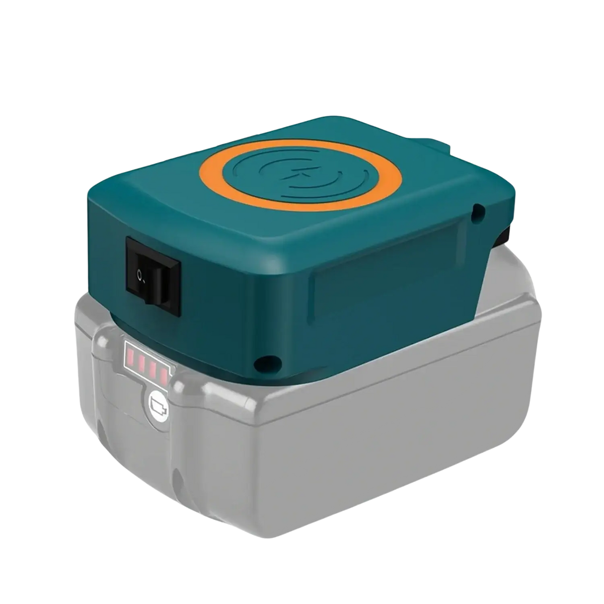 Teal and orange makita wireless power bank battery charger with circular charging indicator supporting fast charging protocol
