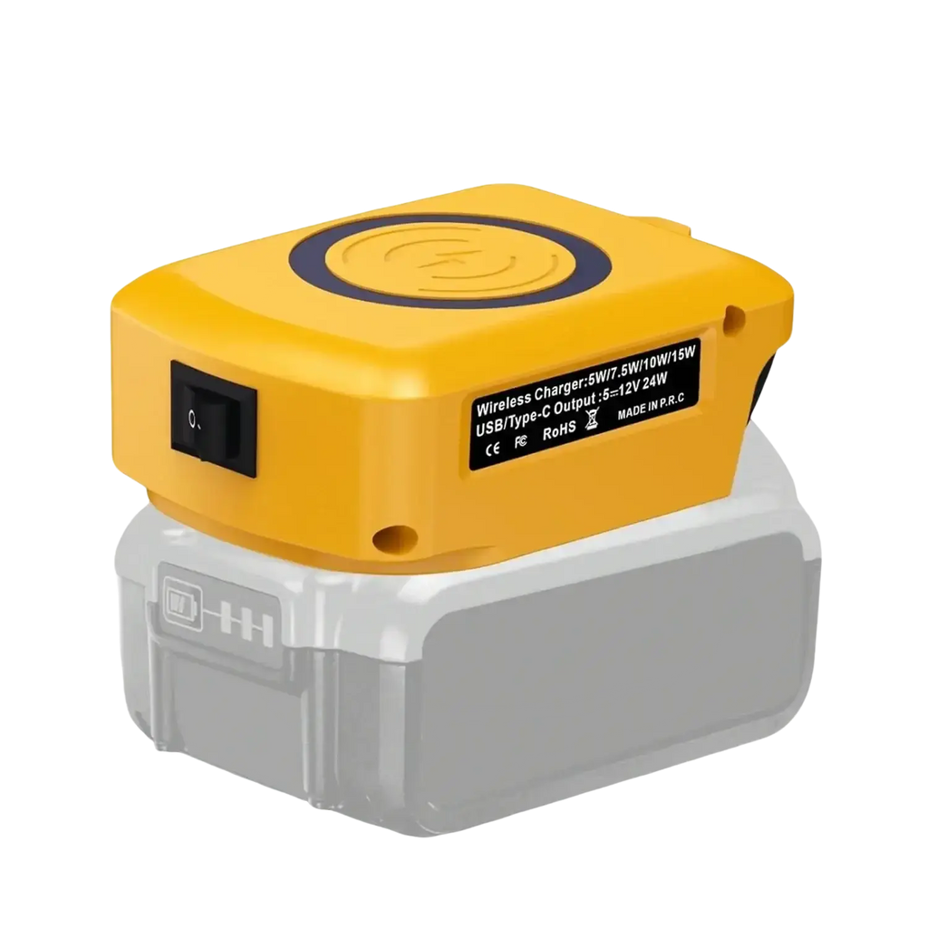 Yellow wireless power bank battery charger with black power switch mounted on gray fast charging battery pack