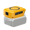 Yellow wireless power bank battery charger with black power switch mounted on gray fast charging battery pack
